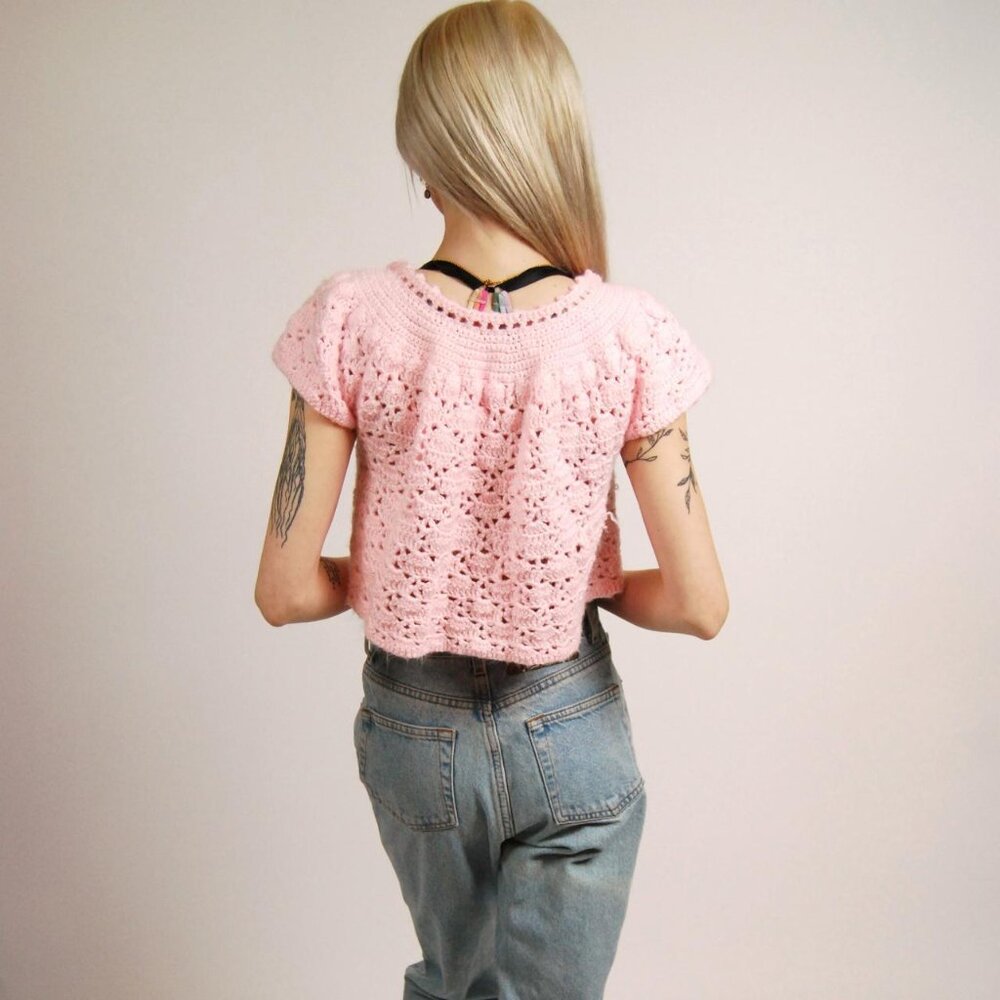 Vintage Crochet Cardigan (XS-M) baby pink open top - Picture 4 of 8